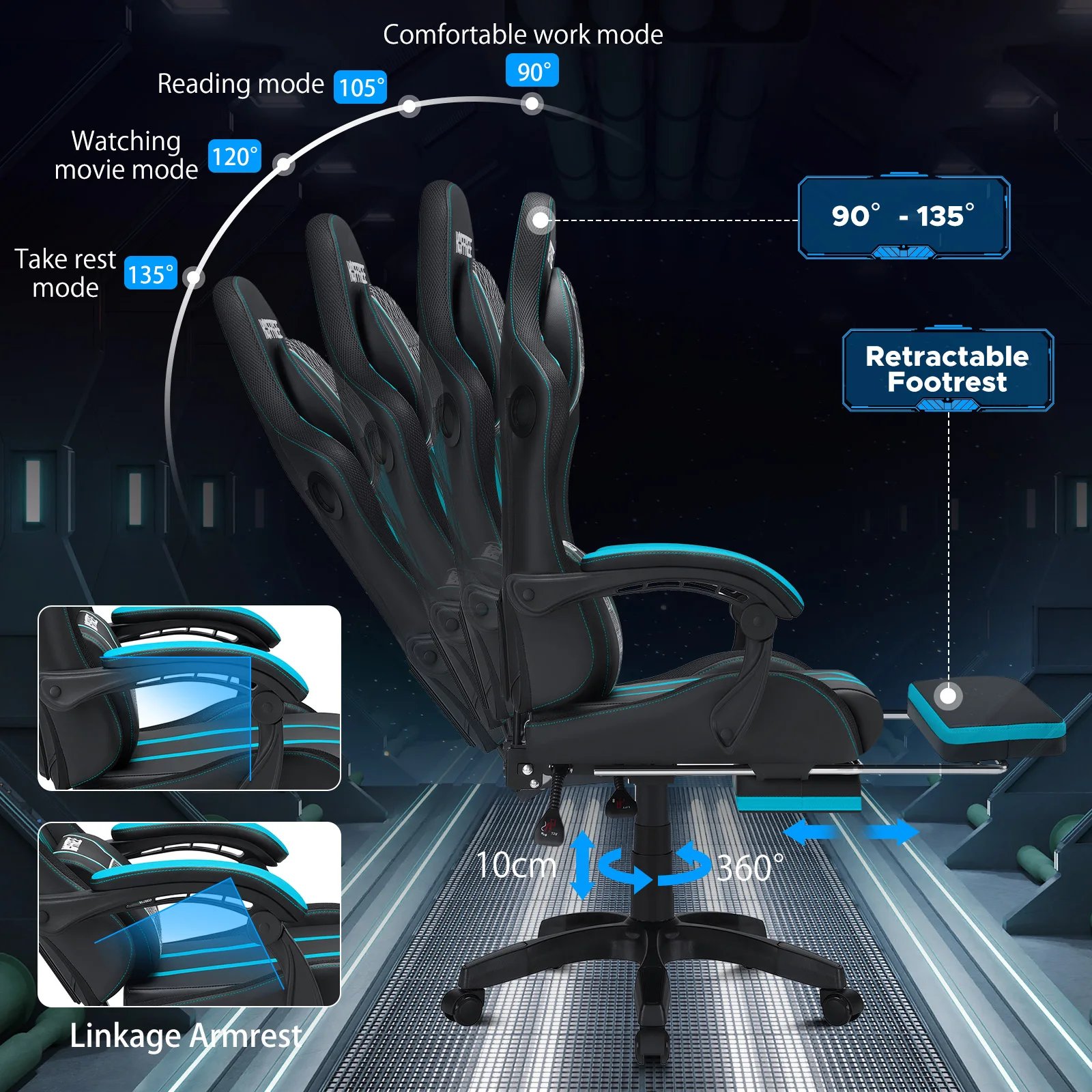 Gaming Chair Bluetooth Speaker Office Chair Ergonomic LED Lights Massage Adjustable Height Armrests Headrest Lumbar Support