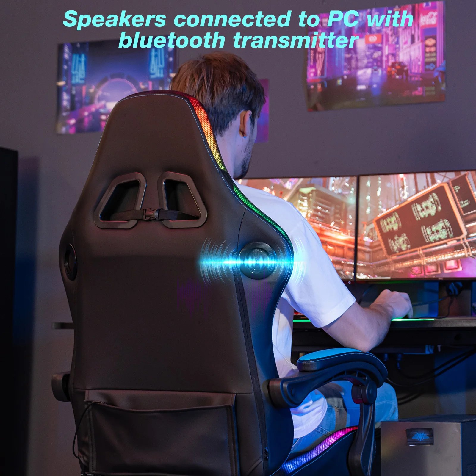Gaming Chair Bluetooth Speaker Office Chair Ergonomic LED Lights Massage Adjustable Height Armrests Headrest Lumbar Support