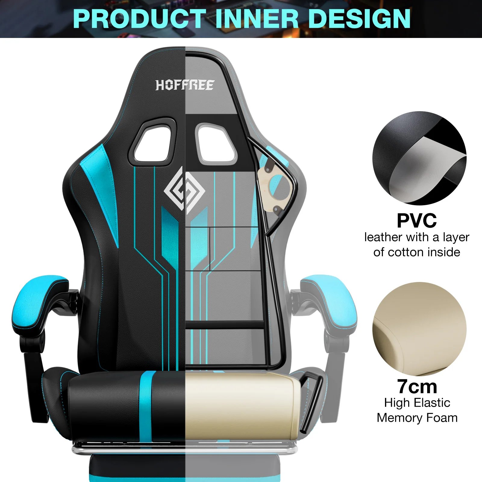 Gaming Chair Bluetooth Speaker Office Chair Ergonomic LED Lights Massage Adjustable Height Armrests Headrest Lumbar Support