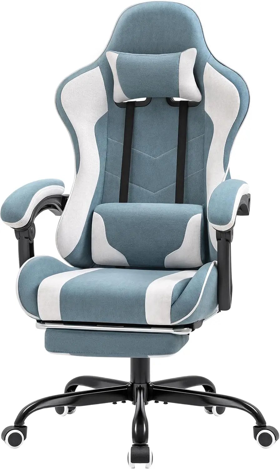 Gaming Chair, Video Game Chair with Footrest and Massage Lumbar Support, Breathable Fabric Swivel Seat Height Adjustable(Green)