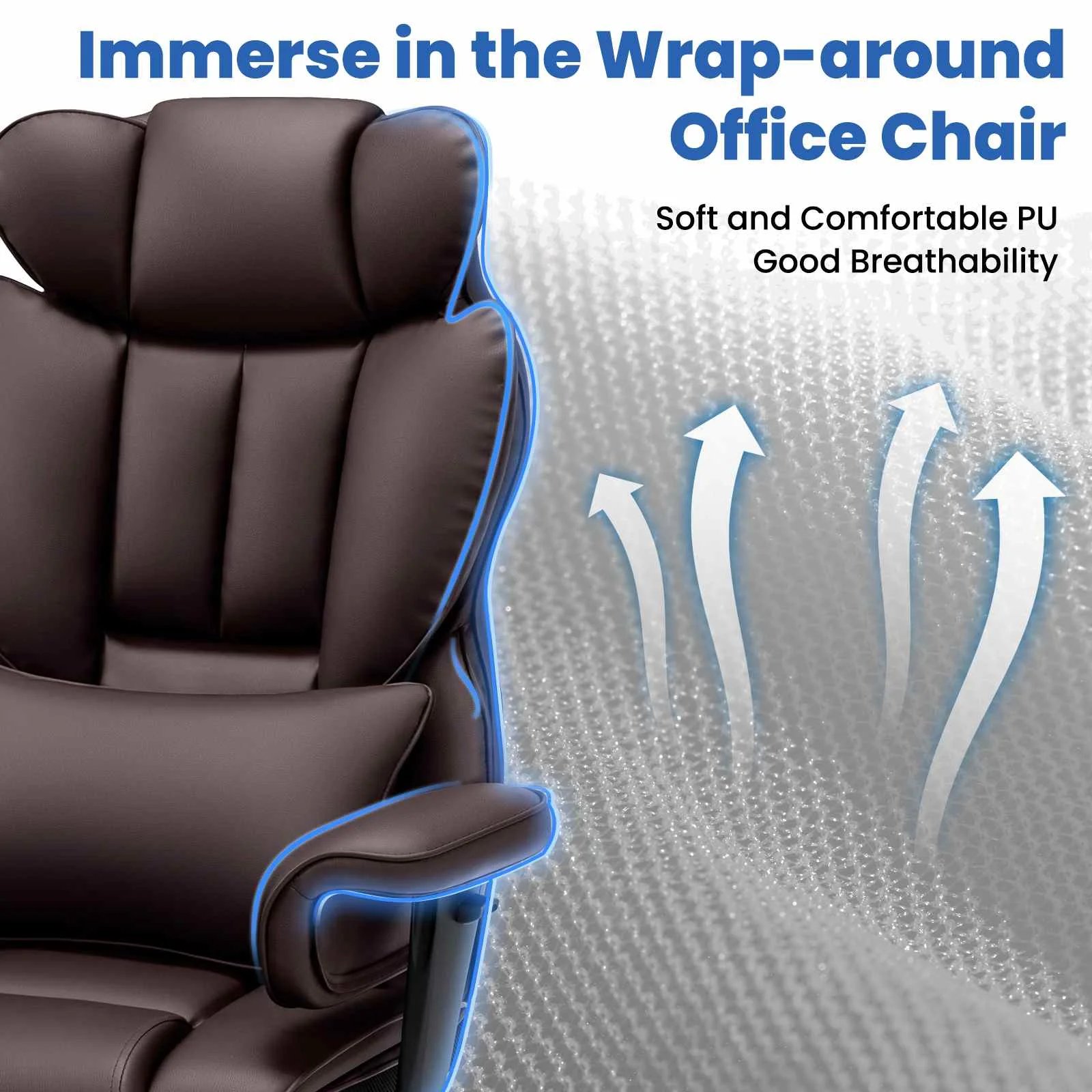 Ergonomic High-Back Office Chair with PU Leather Built-in Seat Bag  Spring-loaded Cushion  Two-point Vibration Massage  T-shaped