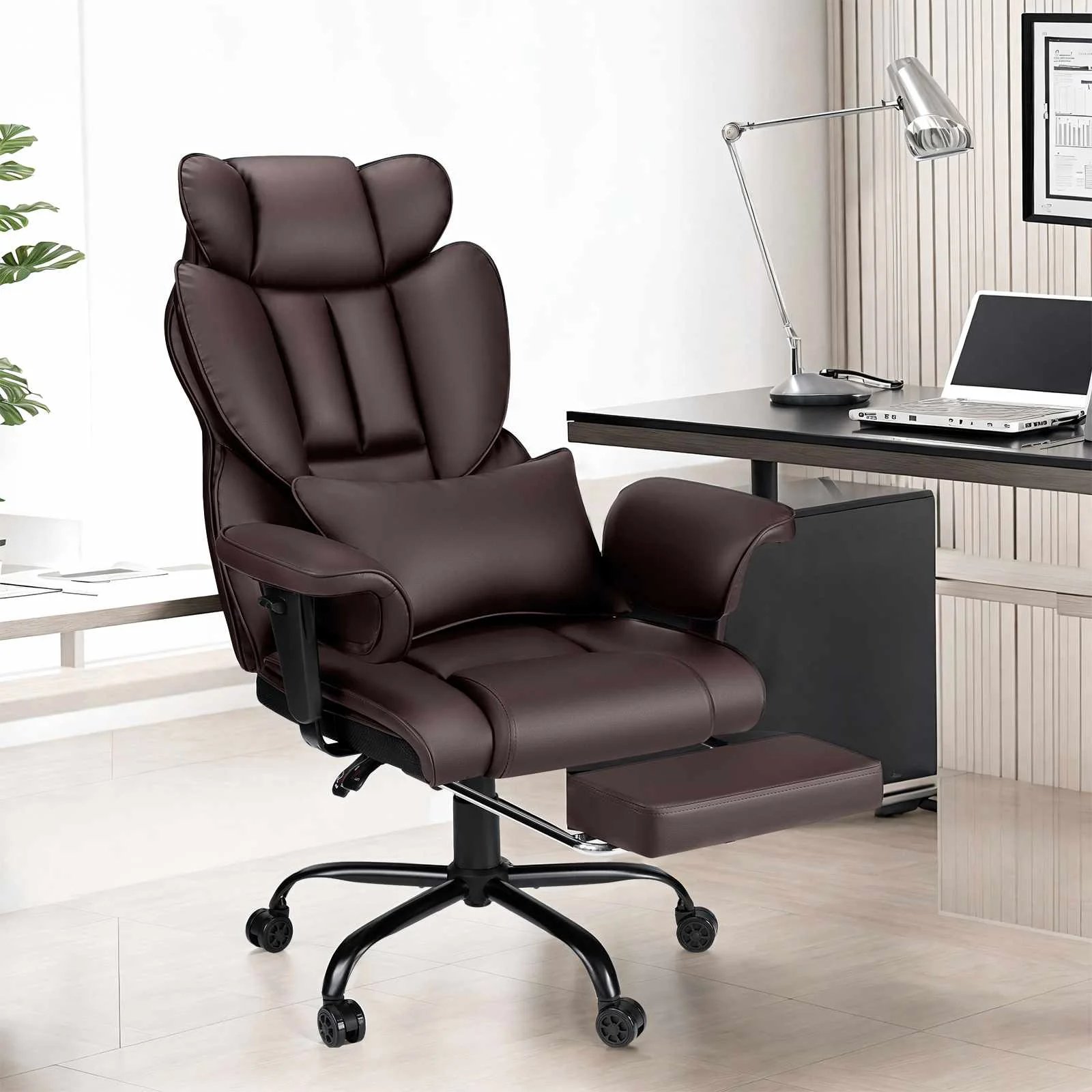 Ergonomic High-Back Office Chair with PU Leather Built-in Seat Bag  Spring-loaded Cushion  Two-point Vibration Massage  T-shaped
