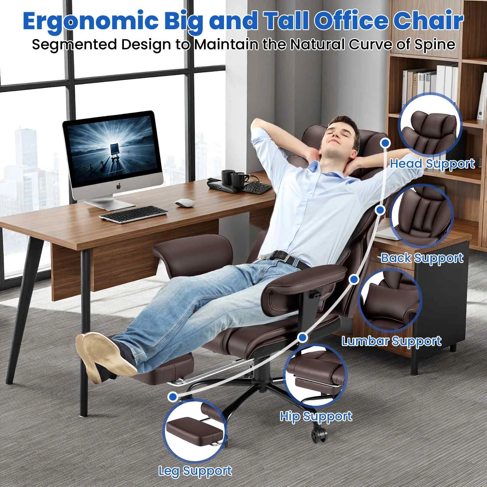 Ergonomic High-Back Office Chair with PU Leather Built-in Seat Bag  Spring-loaded Cushion  Two-point Vibration Massage  T-shaped