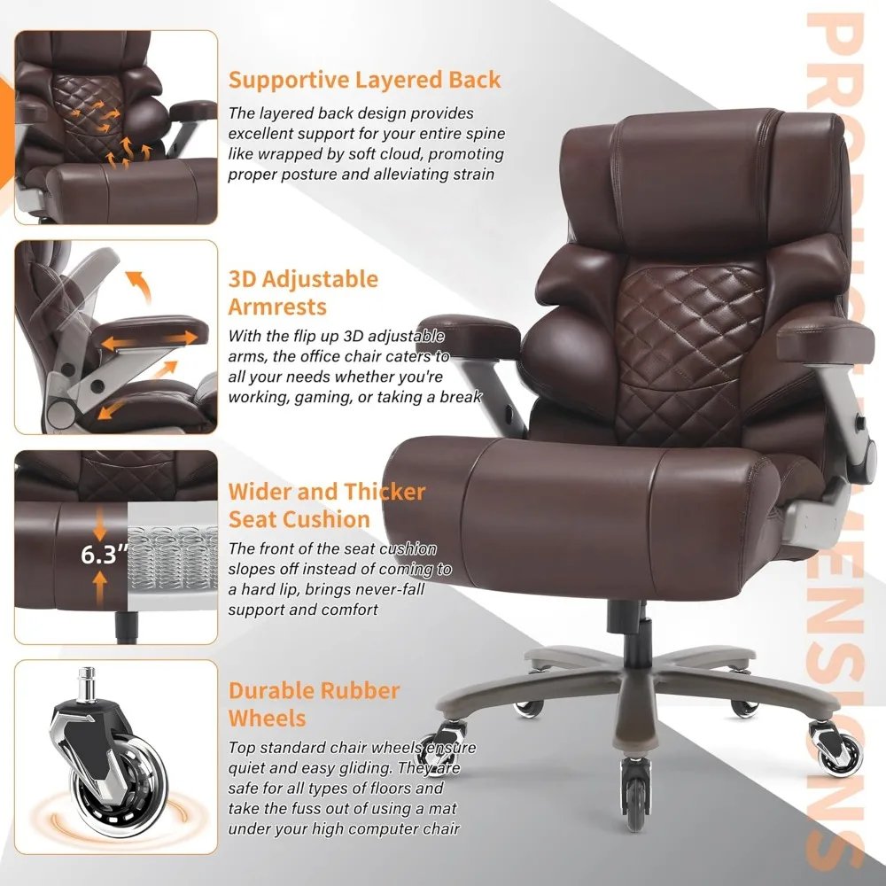 500lbs Big and Tall Office Chair-Large Computer Chair with Adjustable Lumbar Support 3D Flip Arms Plus Size Wheels, High Back Ex