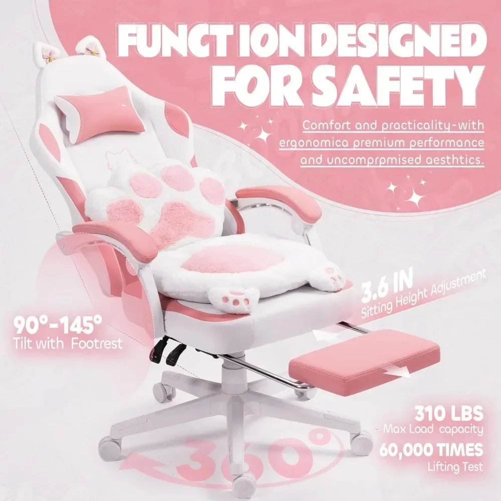 Gaming Chair, Cute with Cat Ears Paw Lumbar and Cushion,Ergonomic Computer Chair with Footrest, Reclining, Computer Chair