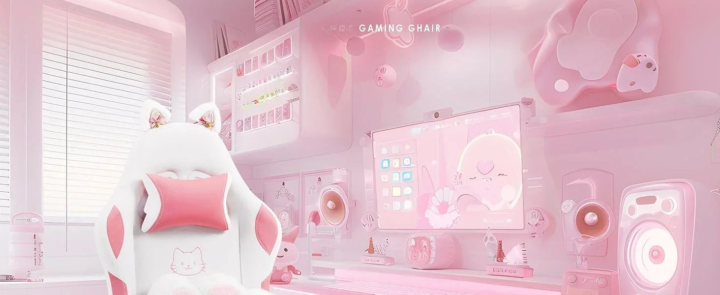 Gaming Chair, Cute with Cat Ears Paw Lumbar and Cushion,Ergonomic Computer Chair with Footrest, Reclining, Computer Chair