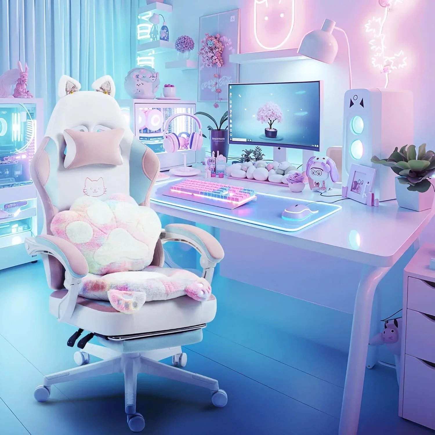 Gaming Chair, Cute with Cat Ears Paw Lumbar and Cushion,Ergonomic Computer Chair with Footrest, Reclining, Computer Chair