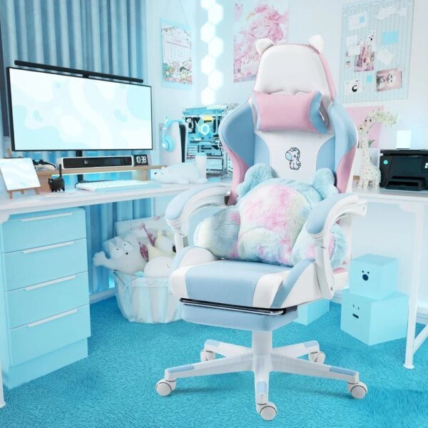 Gaming Chair, with Lumbar Cushion and Decorated Ears, Cute Ergonomic Computer Chair with Footrest, Reclining, PC Game Chair