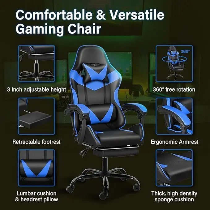 Gaming Chair, Backrest and Seat Height Adjustable Swivel Recliner Racing Office Computer Ergonomic Video Game Chair, Black/Blue