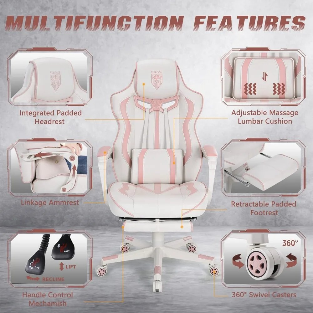 Pink Gaming Chair for Girls, Pink Computer Gaming Chairs for Adults, Reclining Gamer Chair with Footrest with Massage, Ergonomi Pink Gaming Chair for Girls, Pink Computer Gaming Chairs for Adults, Reclining Gamer Chair with Footrest with Massage, Ergonomi