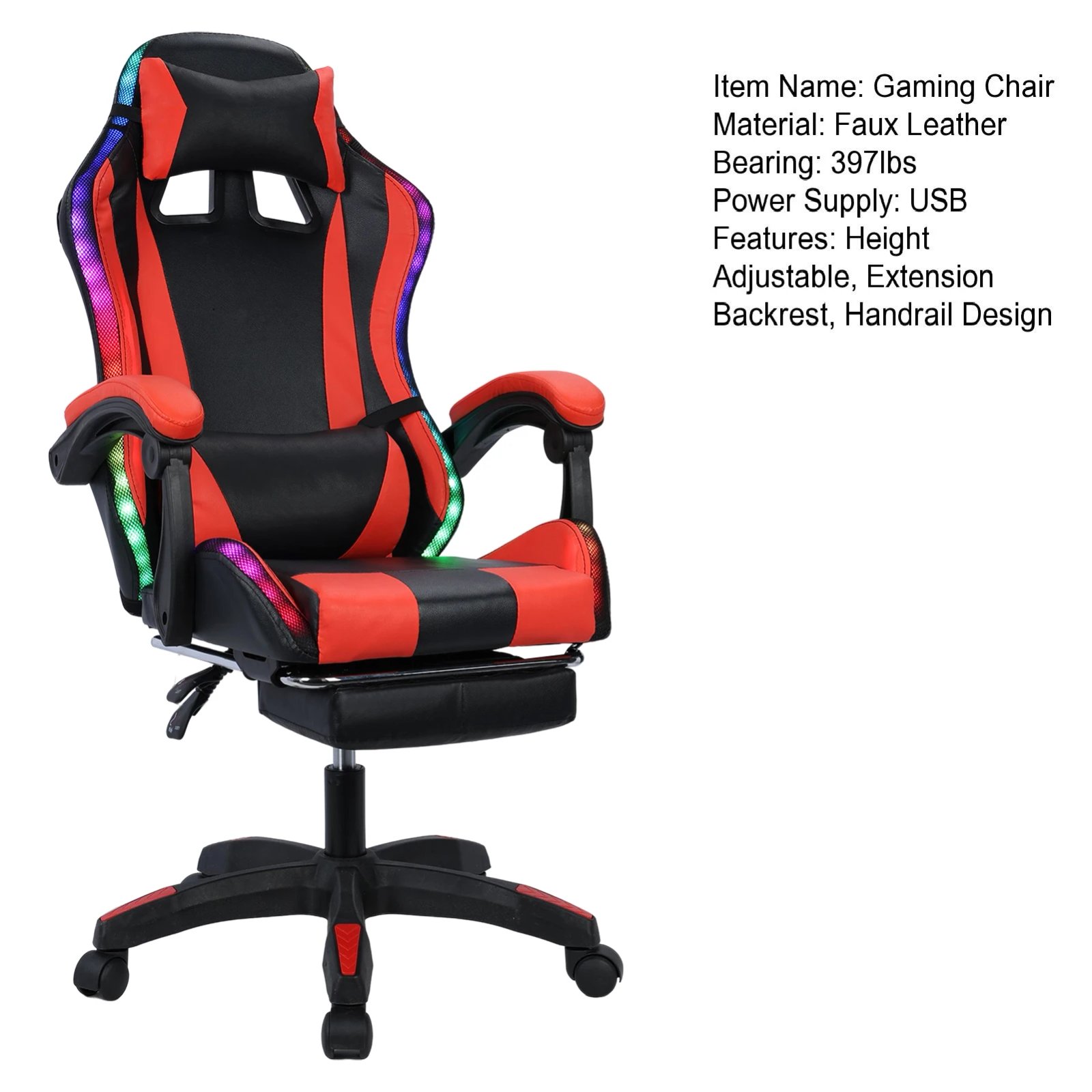 Gaming Chair with Bluetooth-compatible Speakers and RGB LED Lights, Ergonomic Massage Computer Gaming Chair with Lumbar Support