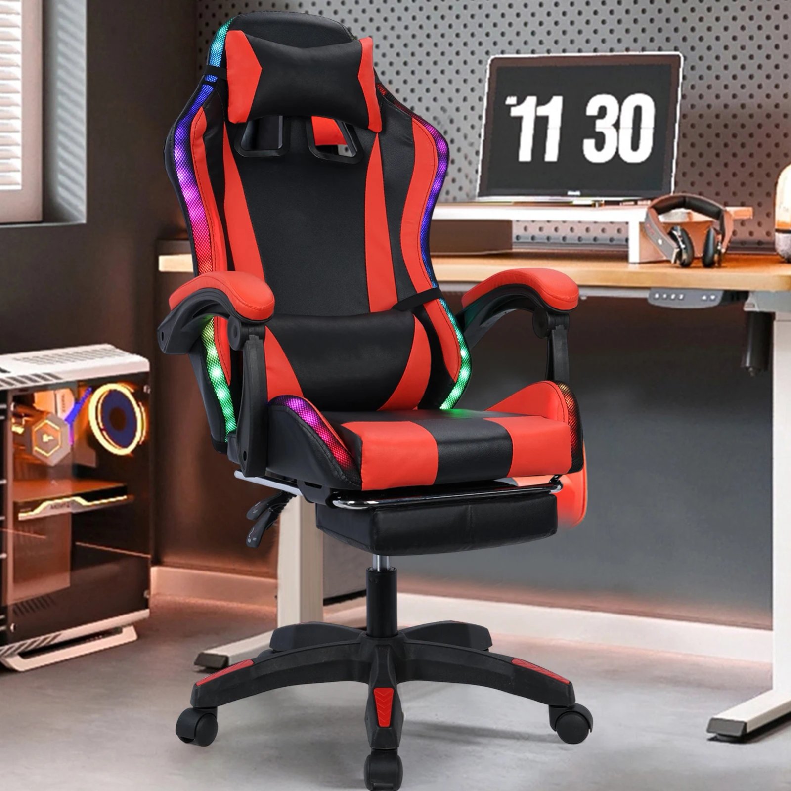Gaming Chair with Bluetooth-compatible Speakers and RGB LED Lights, Ergonomic Massage Computer Gaming Chair with Lumbar Support
