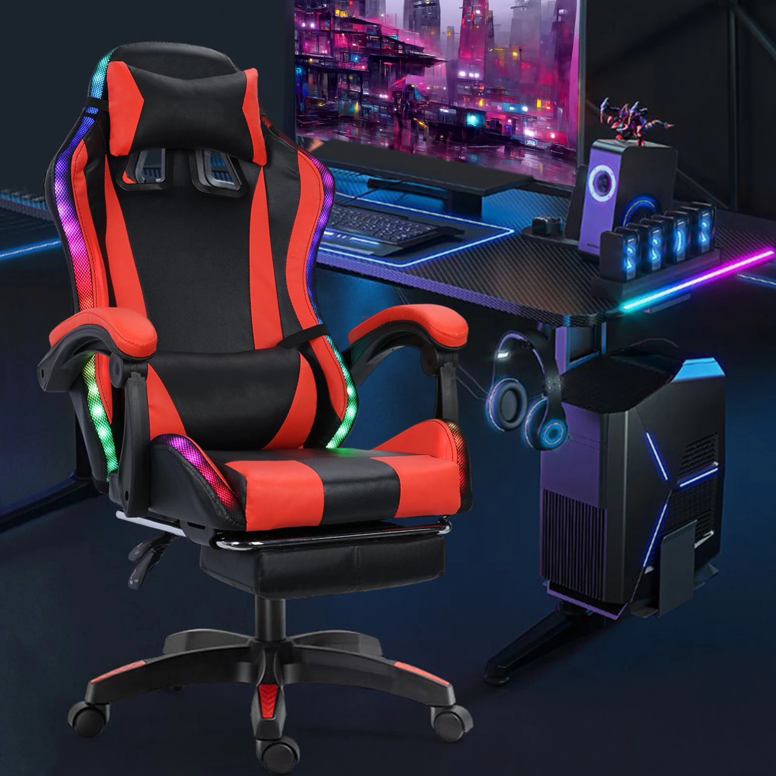 Gaming Chair with Bluetooth-compatible Speakers and RGB LED Lights, Ergonomic Massage Computer Gaming Chair with Lumbar Support