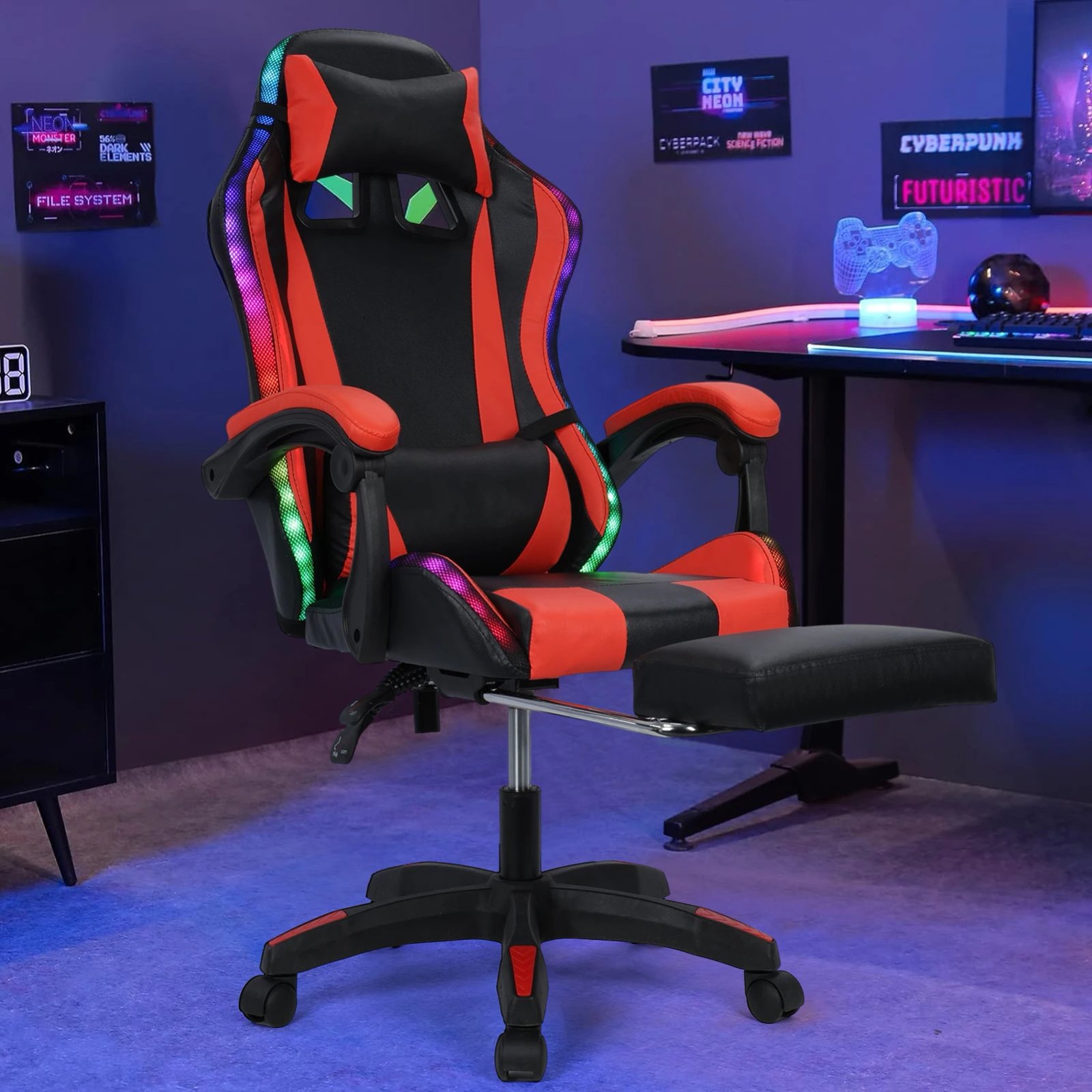 Gaming Chair with Bluetooth-compatible Speakers and RGB LED Lights, Ergonomic Massage Computer Gaming Chair with Lumbar Support