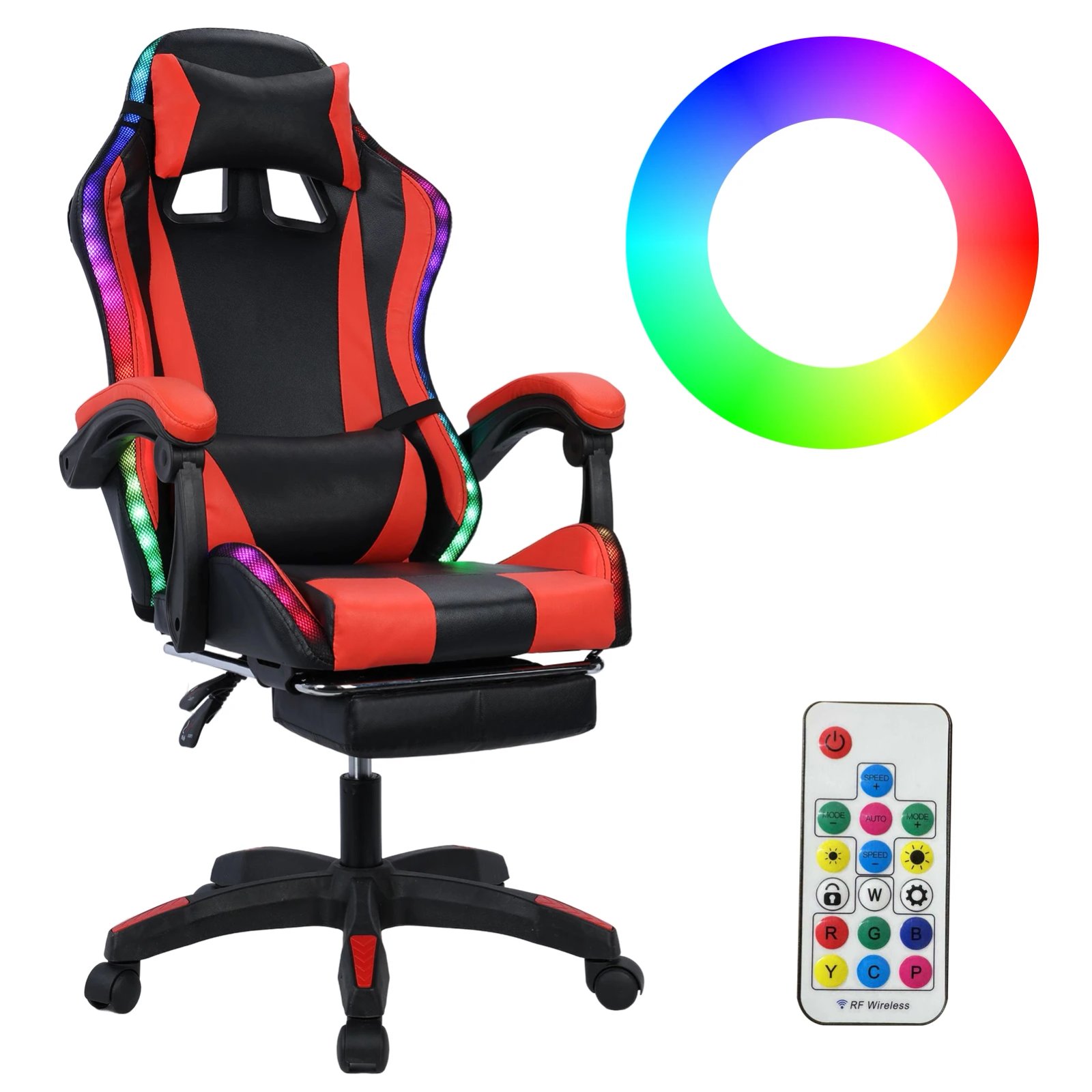 Gaming Chair with Bluetooth-compatible Speakers and RGB LED Lights, Ergonomic Massage Computer Gaming Chair with Lumbar Support