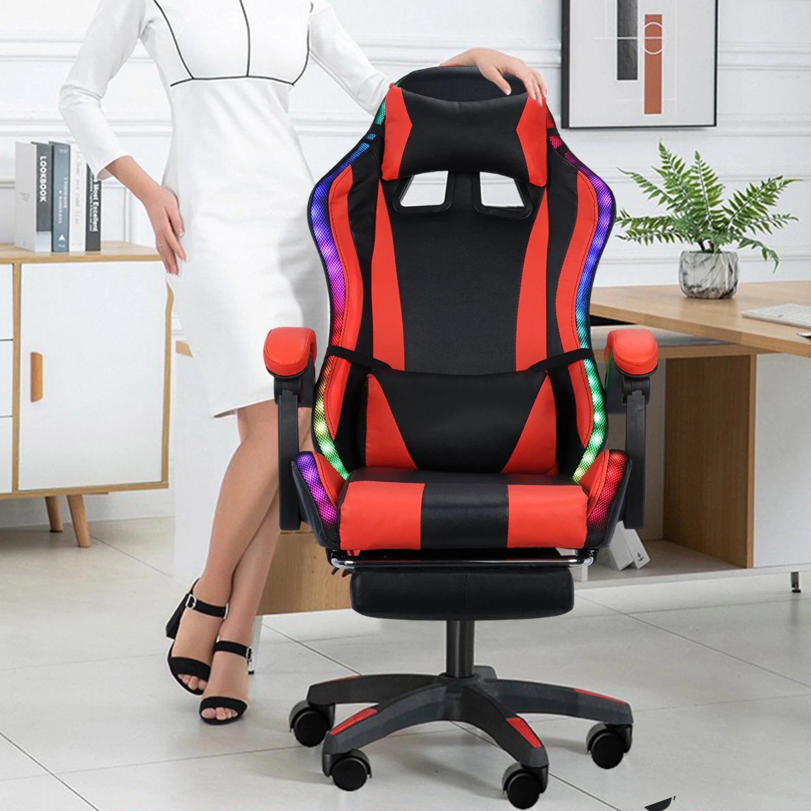 Gaming Chair with Bluetooth-compatible Speakers and RGB LED Lights, Ergonomic Massage Computer Gaming Chair with Lumbar Support