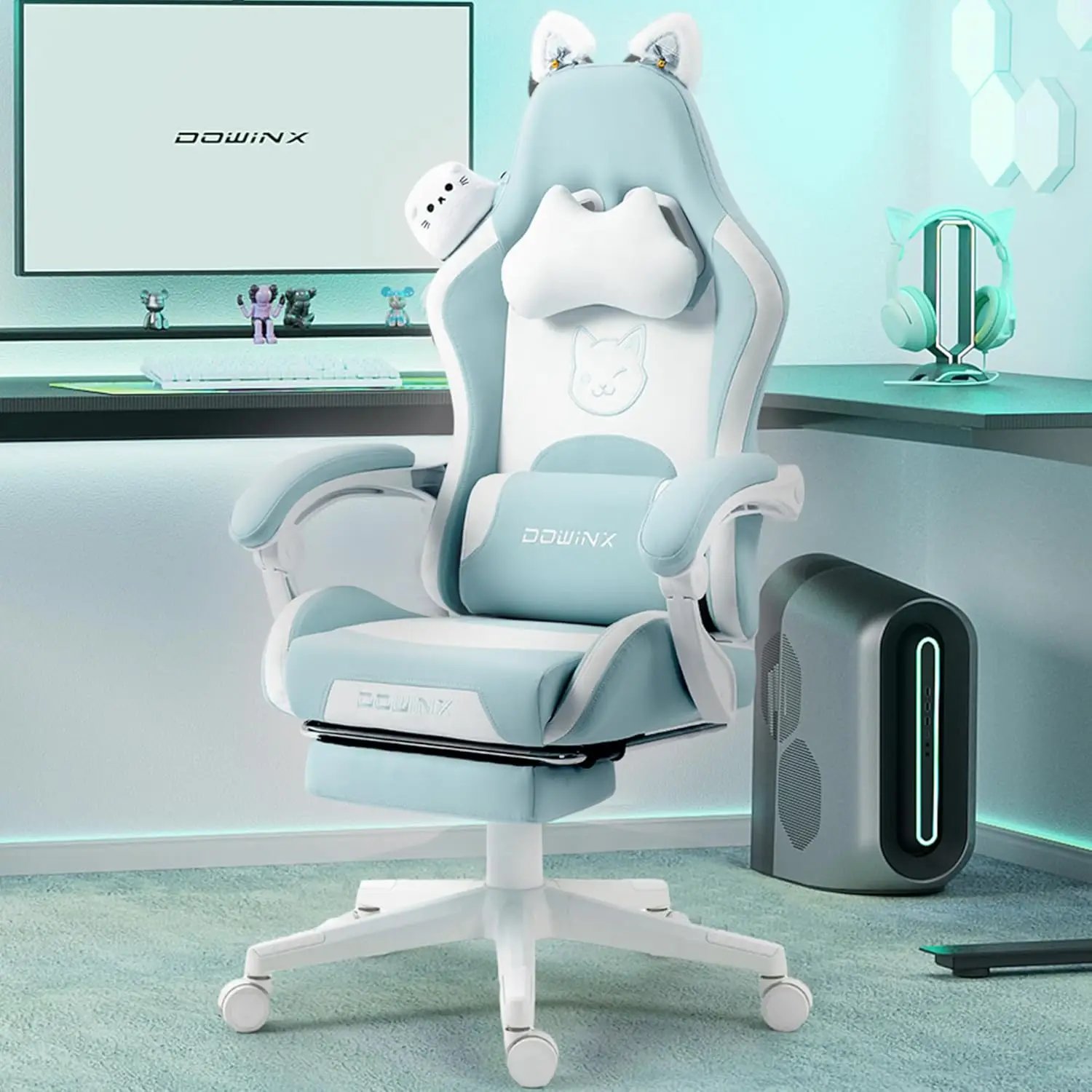 Dowinx Gaming Chair Cute with Cat Ears and Massage Lumbar Support, Ergonomic Computer Chair for Girl, Teen, Blue Green