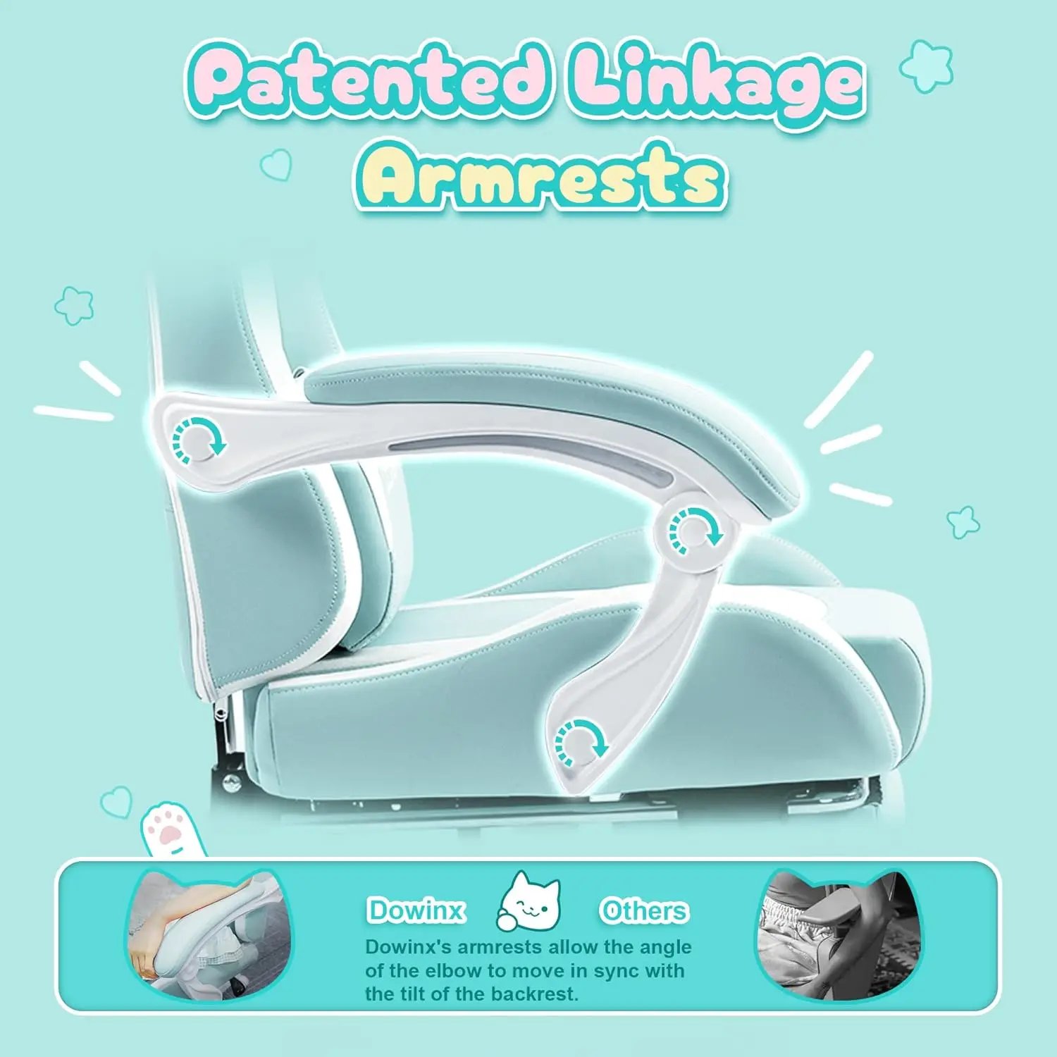 Dowinx Gaming Chair Cute with Cat Ears and Massage Lumbar Support, Ergonomic Computer Chair for Girl, Teen, Blue Green