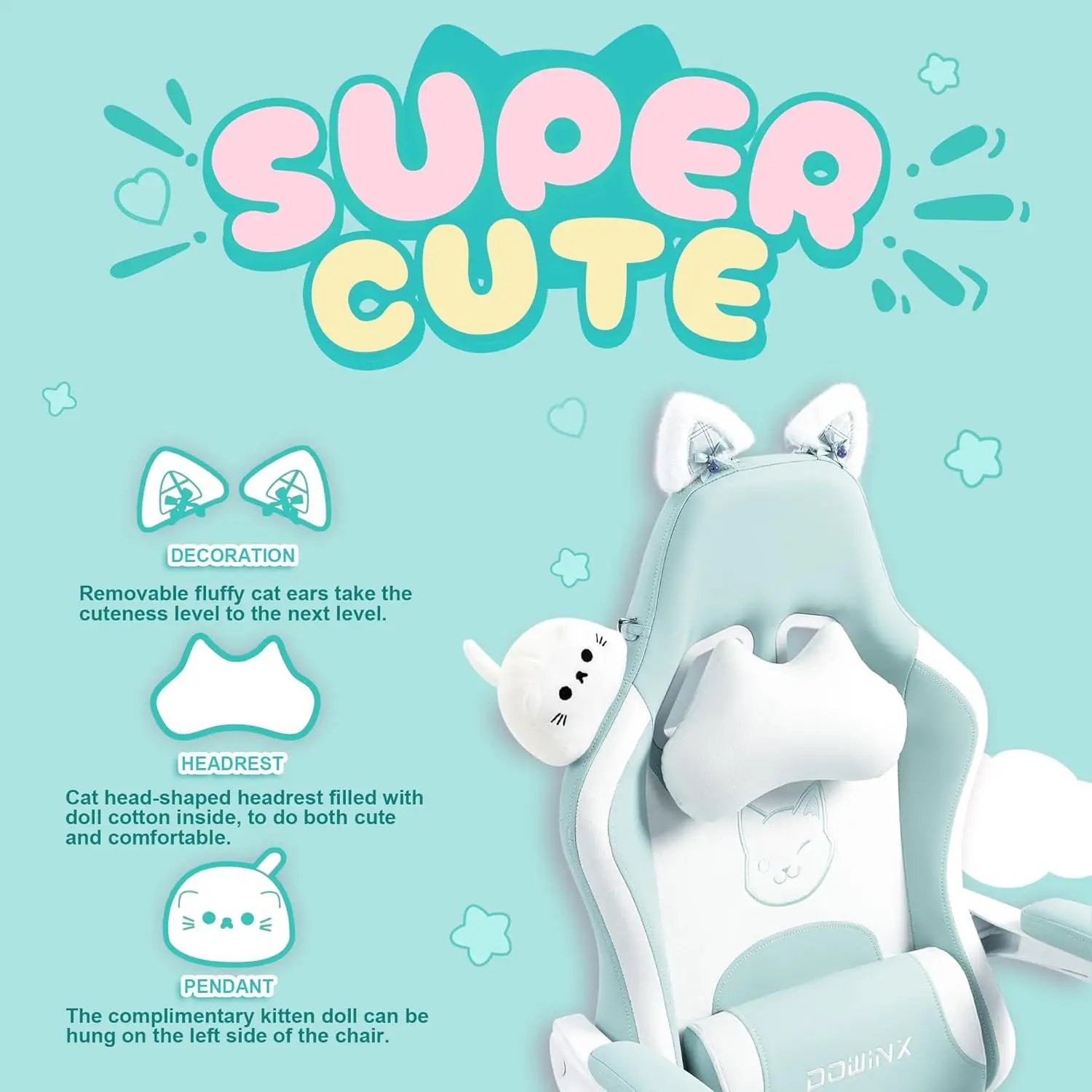 Dowinx Gaming Chair Cute with Cat Ears and Massage Lumbar Support, Ergonomic Computer Chair for Girl, Teen, Blue Green