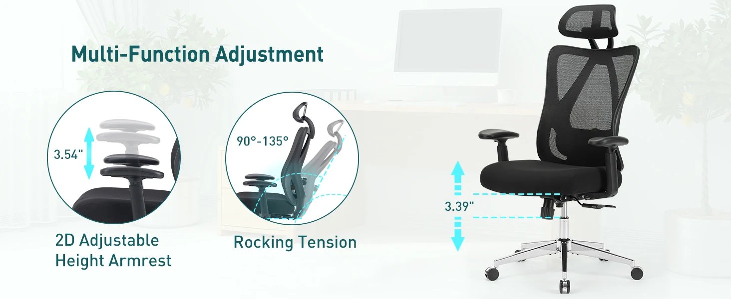 JHK Ergonomic Lumbar Support Mesh Backrest Office Chair Adjustable Height Headrest Breathable Back Rolling Swivel Gaming Chairs