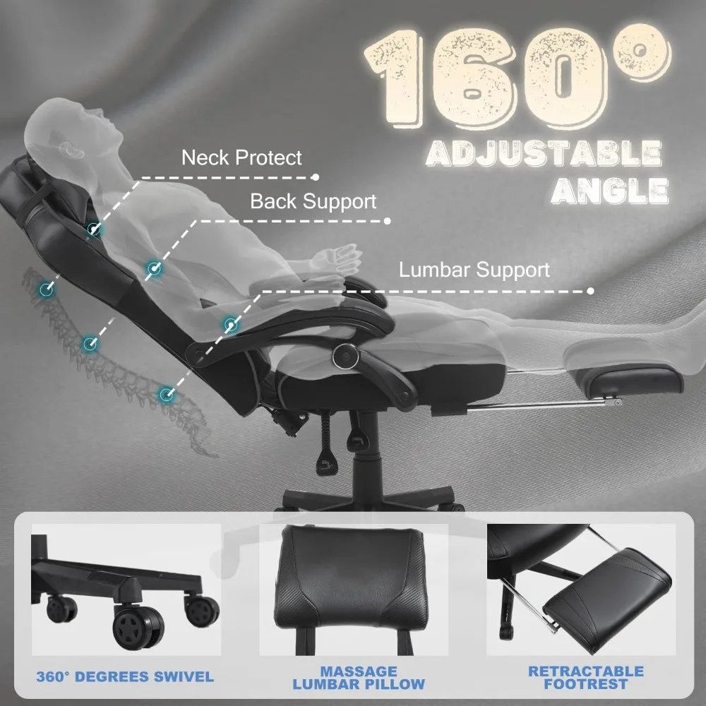 Gaming Chair for Adults,Computer Chair with High Back,Big and Tall Gaming Chairs Footrest and Massage,Reclining Gamer Ergonomic