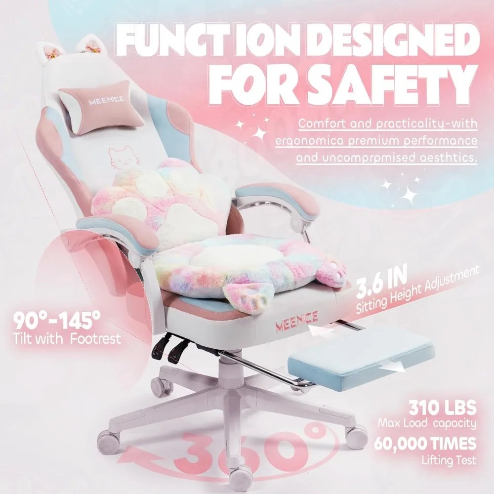 Gaming Chair Cute with Cat Ears Paw Lumbar and Cushion,Ergonomic Computer Chair with Footrest,Reclining PC Game Chair for Girl