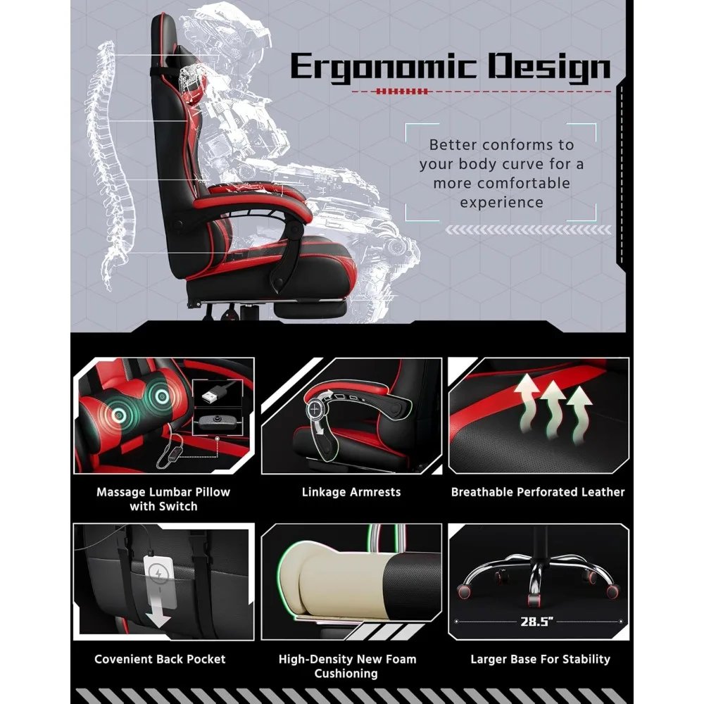 Gaming Chair, Video Game Chair with Massage Lumbar Support and Footrest Height Adjustable Ergonomic Computer Chair with Swivel