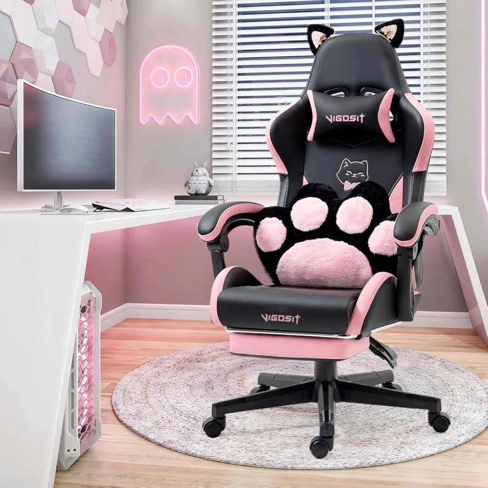 Cute Gaming Chair with Cat Paw Lumbar Cushion and Cat Ears, Ergonomic Computer Chair with Footrest, Reclining PC Game Chair for