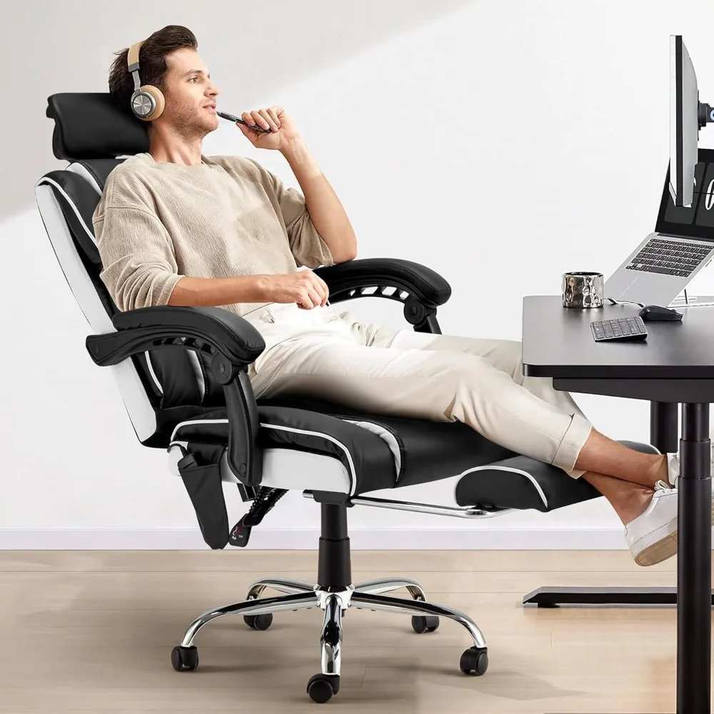 6-Point Massage Office Chair with Footrest, Heated Executive Office Chair with Reclining Backrest, Ergonomic Gaming Chair with