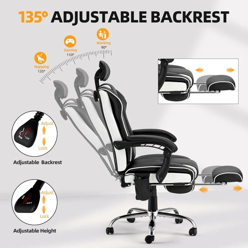 6-Point Massage Office Chair with Footrest, Heated Executive Office Chair with Reclining Backrest, Ergonomic Gaming Chair with