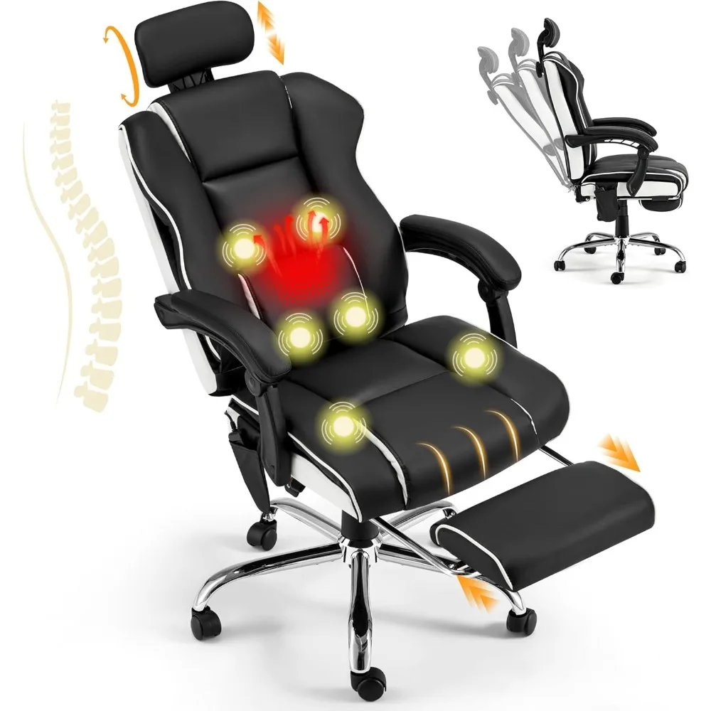 6-Point Massage Office Chair with Footrest, Heated Executive Office Chair with Reclining Backrest, Ergonomic Gaming Chair with