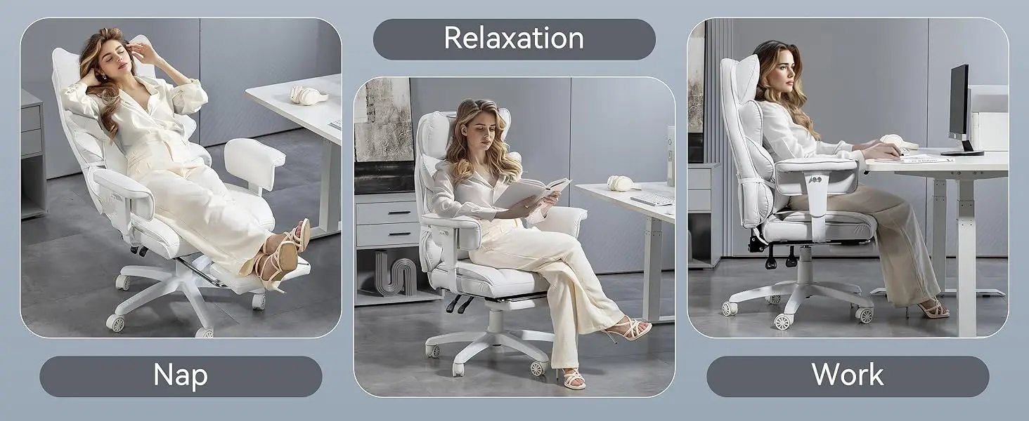 Big and Tall Office Chair with Pocket Spring Cushion and Lumbar Support,High Back Computer Gaming Chair (PU Leather, White)