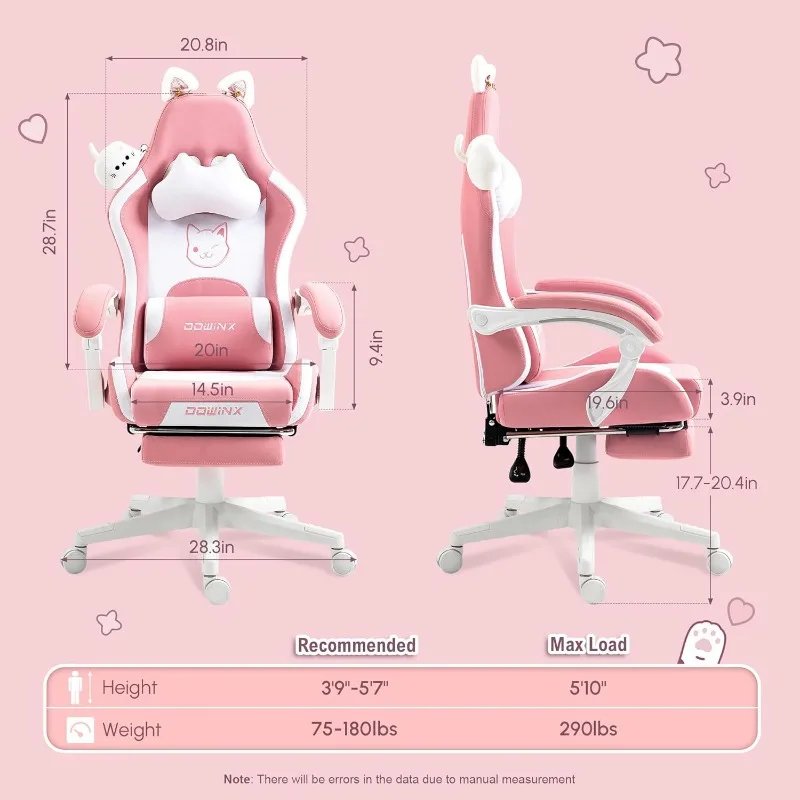 Dowinx Gaming Chair Cute with Cat Ears and Massage Lumbar Support, Ergonomic Computer Chair for Girl, Teen, Pink