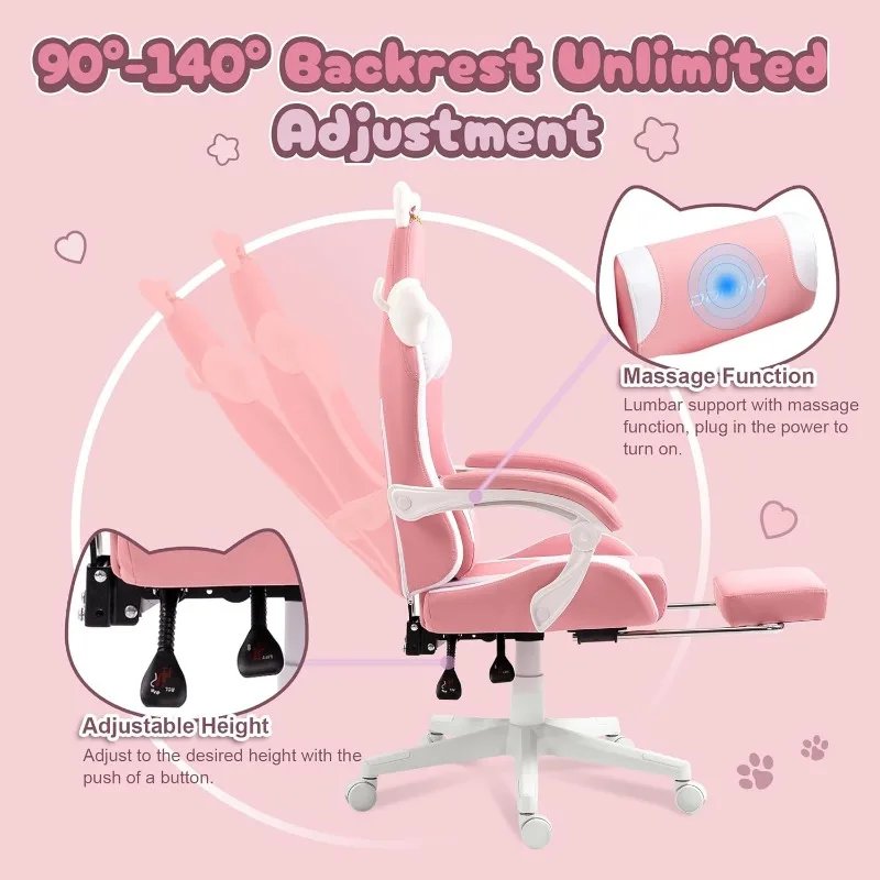 Dowinx Gaming Chair Cute with Cat Ears and Massage Lumbar Support, Ergonomic Computer Chair for Girl, Teen, Pink