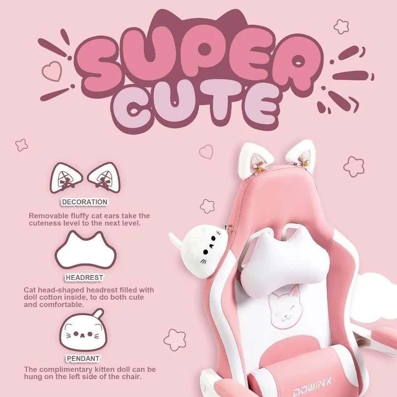 Dowinx Gaming Chair Cute with Cat Ears and Massage Lumbar Support, Ergonomic Computer Chair for Girl, Teen, Pink