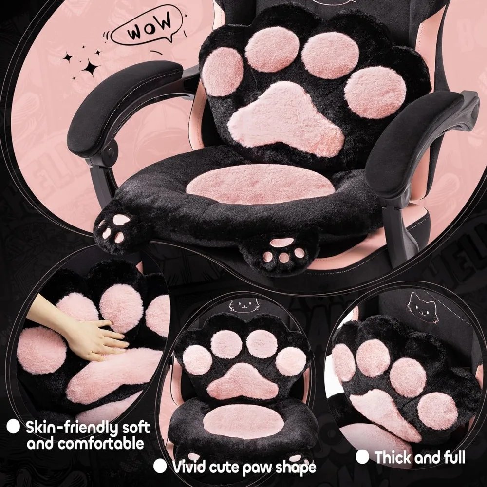 Pink Gaming Chair Cute with Cat Ears Paw Lumbar and Cushion,Ergonomic Computer Chair with Footrest,Reclining PC Game Chair for G