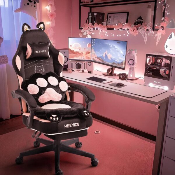 Pink Gaming Chair Cute with Cat Ears Paw Lumbar and Cushion,Ergonomic Computer Chair with Footrest,Reclining PC Game Chair for G