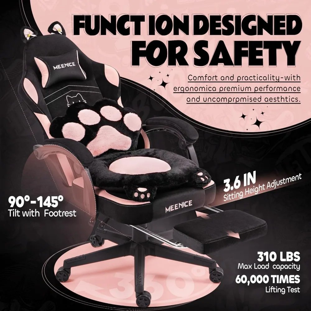 Pink Gaming Chair Cute with Cat Ears Paw Lumbar and Cushion,Ergonomic Computer Chair with Footrest,Reclining PC Game Chair for G