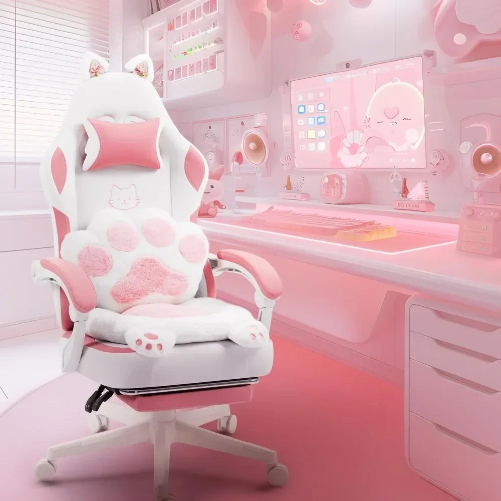 Gaming Chair, Cute with Cat Ears Paw Lumbar and Cushion,Ergonomic Computer Chair with Footrest, Reclining, Computer Chair