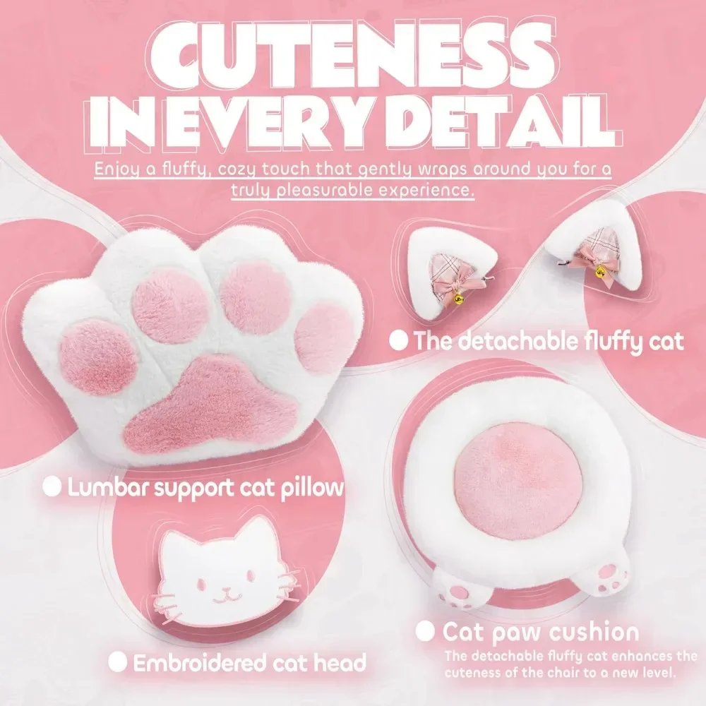 Gaming Chair, Cute with Cat Ears Paw Lumbar and Cushion,Ergonomic Computer Chair with Footrest, Reclining, Computer Chair