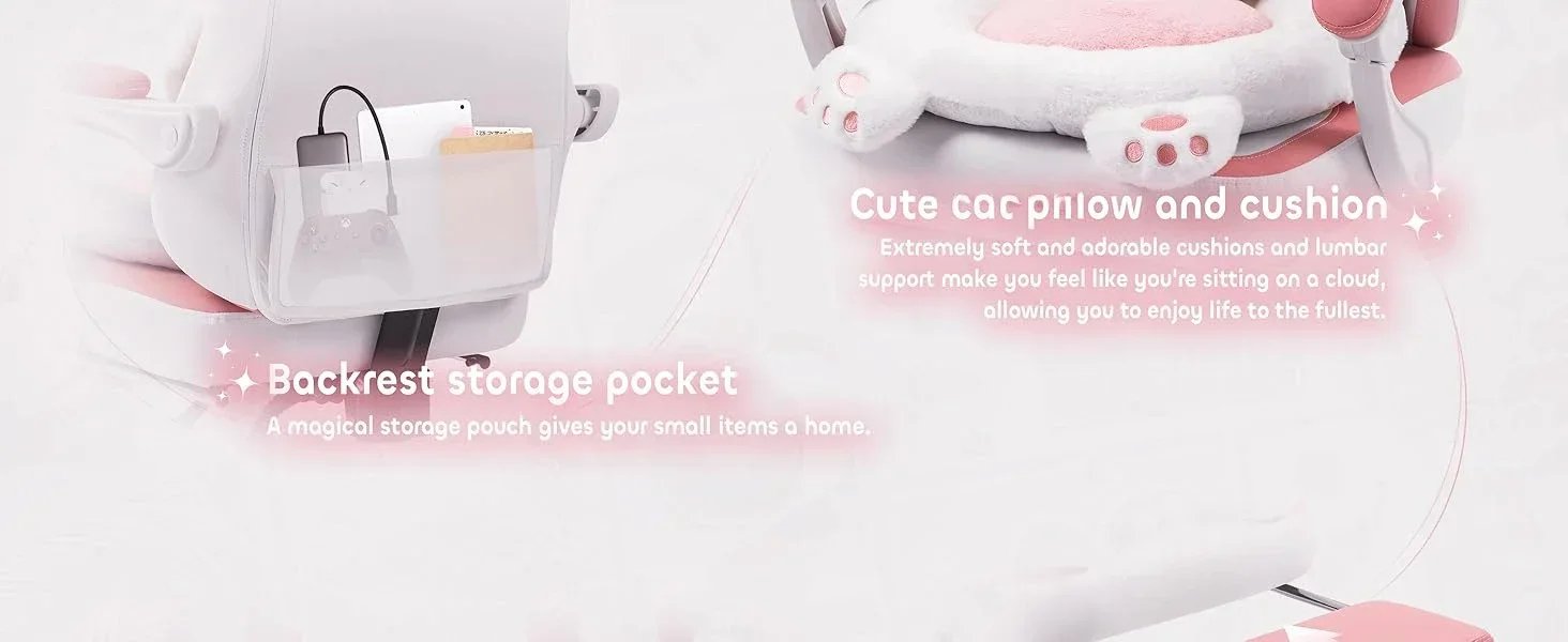 Gaming Chair, Cute with Cat Ears Paw Lumbar and Cushion,Ergonomic Computer Chair with Footrest, Reclining, Computer Chair
