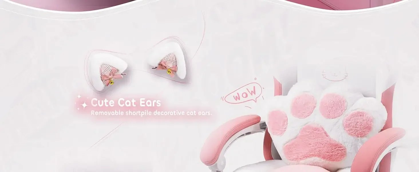 Gaming Chair, Cute with Cat Ears Paw Lumbar and Cushion,Ergonomic Computer Chair with Footrest, Reclining, Computer Chair