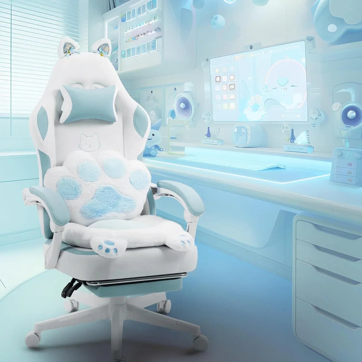 Gaming Chair, Cute with Cat Ears Paw Lumbar and Cushion,Ergonomic Computer Chair with Footrest, Reclining, Computer Chair