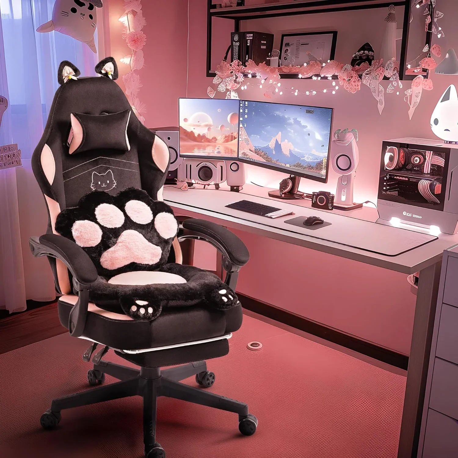 Gaming Chair, Cute with Cat Ears Paw Lumbar and Cushion,Ergonomic Computer Chair with Footrest, Reclining, Computer Chair