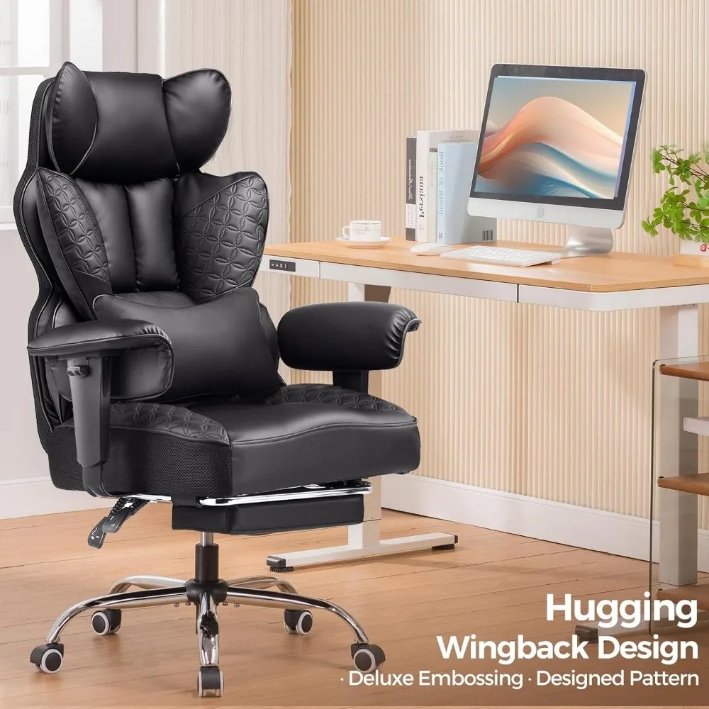 Desk Office Chair 400LBS Big and Tall Office Chairs Ergonomic Gaming Chairs with Wide Seat Leather High Back Chair with Foot Re