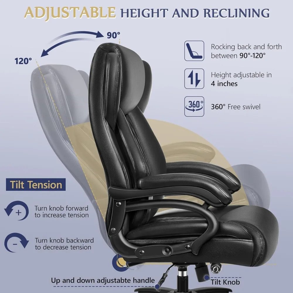 Tall Office Chair 500lbs, Desk Chair Adjustable Lumbar Support, Comfy Padded Cushion, Ergonomic PU Leather Home Computer Chair
