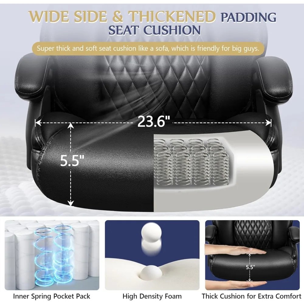 Tall Office Chair 500lbs, Desk Chair Adjustable Lumbar Support, Comfy Padded Cushion, Ergonomic PU Leather Home Computer Chair