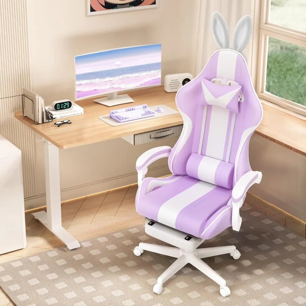 Kawaii Light Purple Gaming Chair with Bunny Ears, Ergonomic Cute Gamer Chair with Footrest and Massage Kawaii Light Purple Gaming Chair with Bunny Ears, Ergonomic Cute Gamer Chair with Footrest and Massage