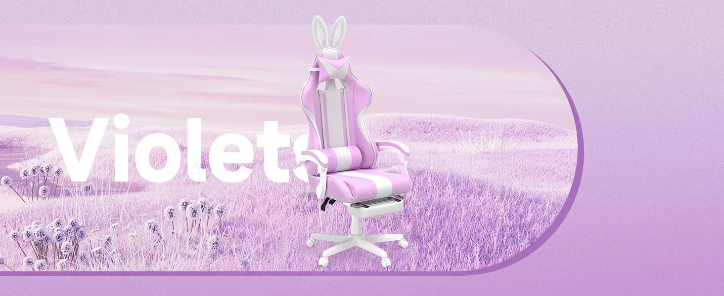 Kawaii Light Purple Gaming Chair with Bunny Ears, Ergonomic Cute Gamer Chair with Footrest and Massage Kawaii Light Purple Gaming Chair with Bunny Ears, Ergonomic Cute Gamer Chair with Footrest and Massage
