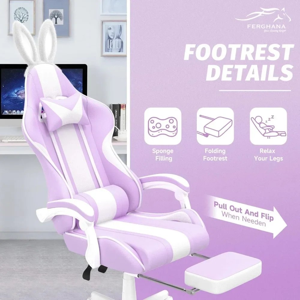 Kawaii Light Purple Gaming Chair with Bunny Ears, Ergonomic Cute Gamer Chair with Footrest and Massage Kawaii Light Purple Gaming Chair with Bunny Ears, Ergonomic Cute Gamer Chair with Footrest and Massage